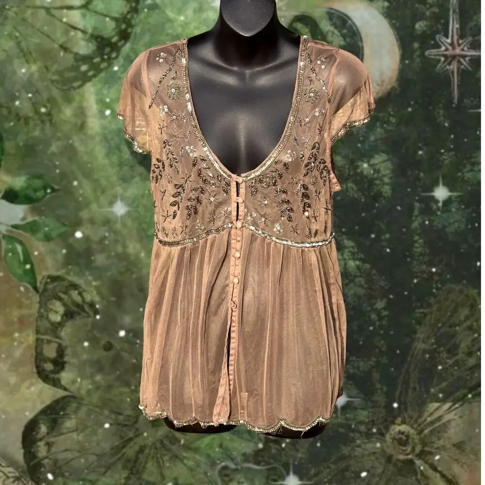 Y2K Beaded Mesh Fairy Top Sheer Brown Babydoll Cardigan